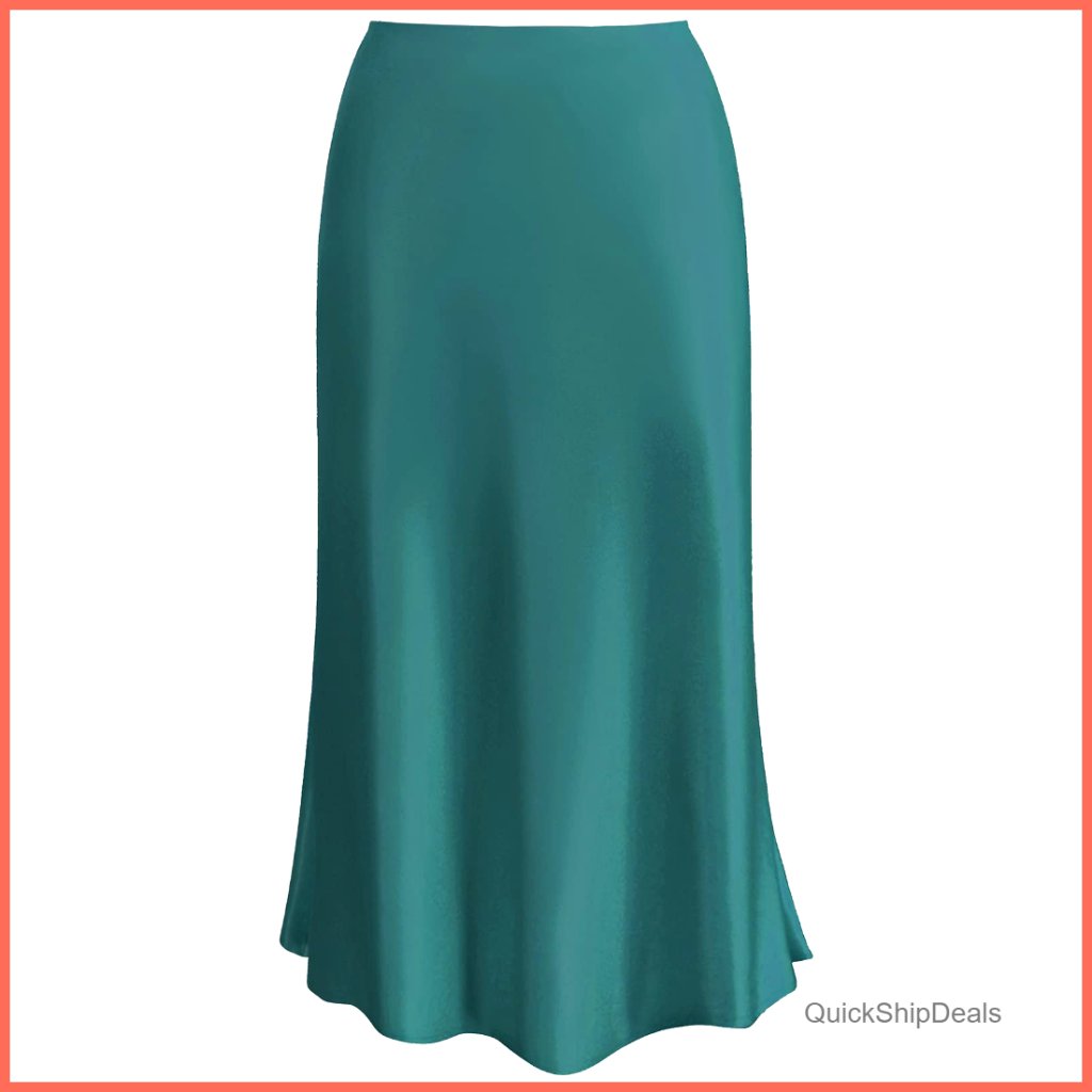 Polyester And Satin Midi Skirt High Waist Elastic A-Line Summer